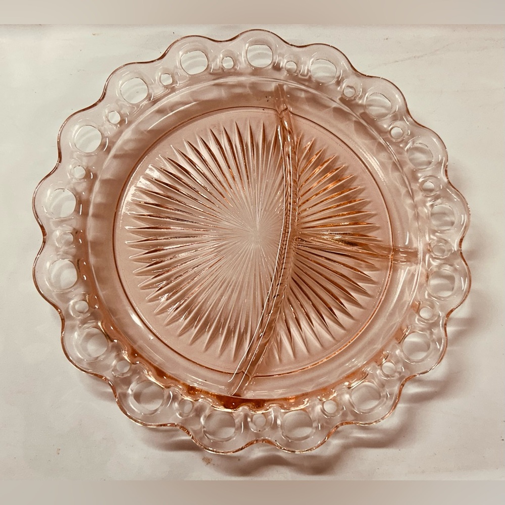 Hocking Pink Depression Glass Old Colony Lace Edge 10.5" Grill Plate Vintage